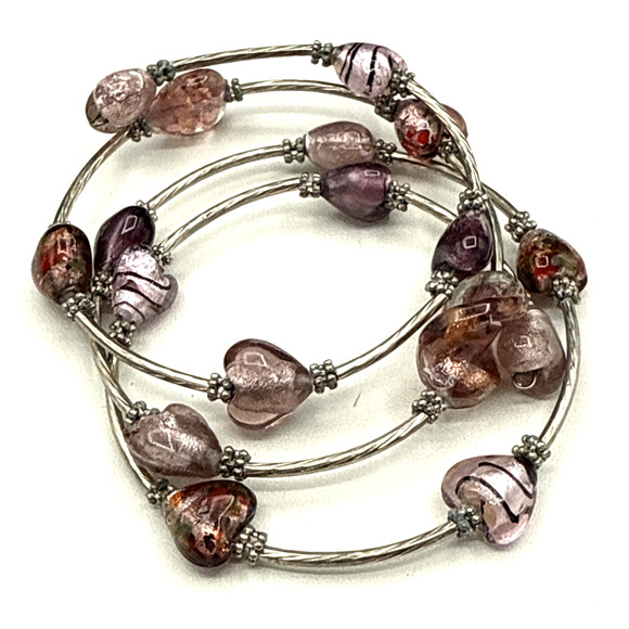 Art Glass Bracelet Wire Wrap Purple Heart Glass Bead Silver Tone Boho Bangle - Picture 3 of 6